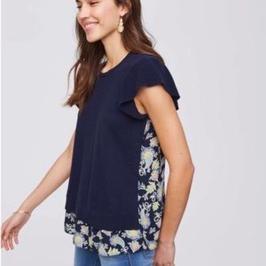 LOFT Navy Floral Mixed Media Tie Back Sweater Top
